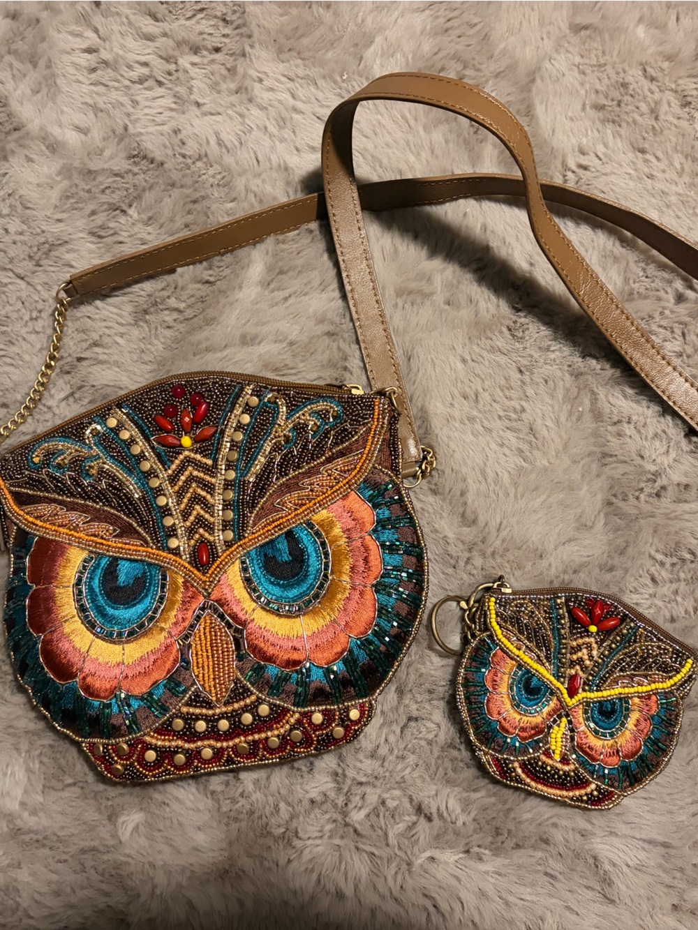 Mary Frances Multicolor Beaded Owl Crossbody with Coin Pouch